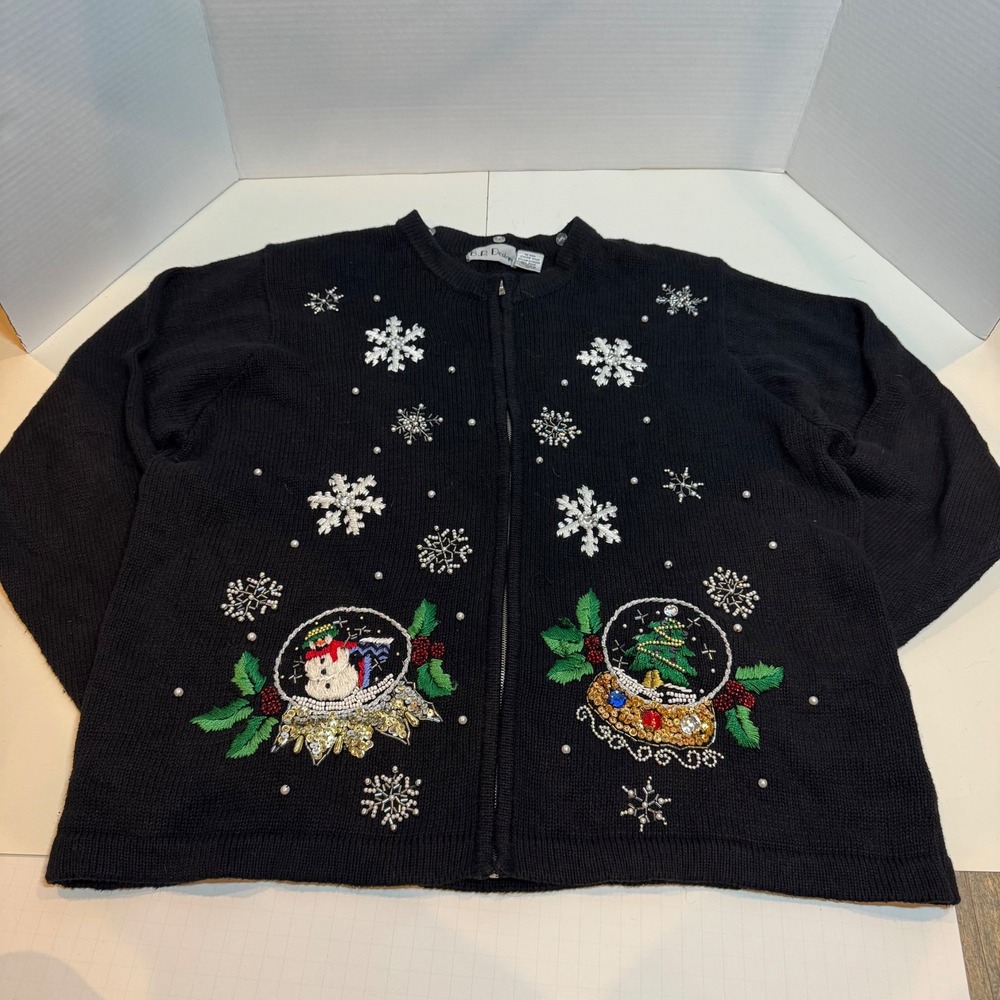 Vtg Stle B.P. Design Ugly Christmas Sweater Women's XL Snowman Beaded Zip‎ Up